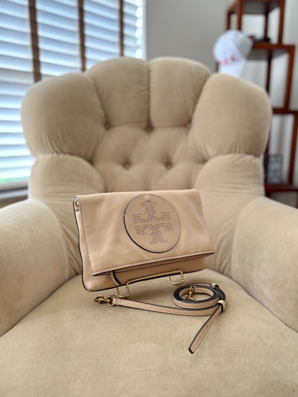 Auth. TORY BURCH Pebbled Leather Perforated Logo Fold-Over Crossbody Bag